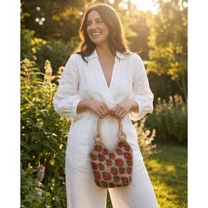 Handmade Beaded Strawberry Handbag Champagne Red Green Fruit Motif Tote Bag NEW